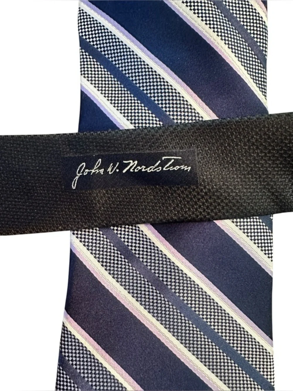 NWT John W. Nordstrom Silk Tie NavyBlue Lavender White Stripe - Preppy